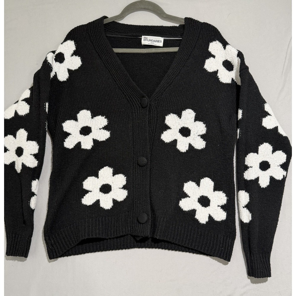 No boundaries black sweater cardigan white flower aop, women's xxs, fits medium